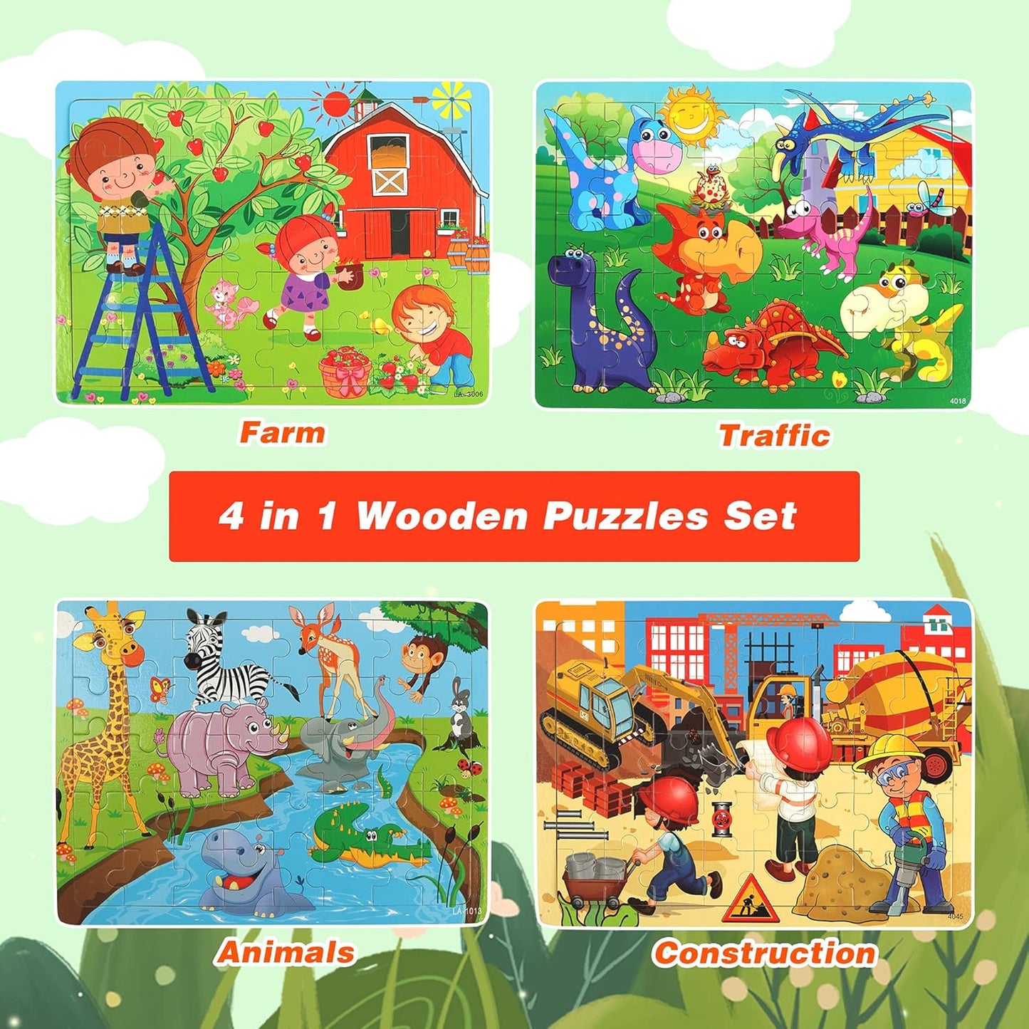 SYNARRY Puzzles for Kids Ages 4-8, 4 Pack Wooden Jigsaw Puzzles for Kids Ages 3-5 Years Old 40 Pieces, Preschool Puzzle Toy Gift for Children Boys and Girls, Farm Dinosaur Animal Construction Theme