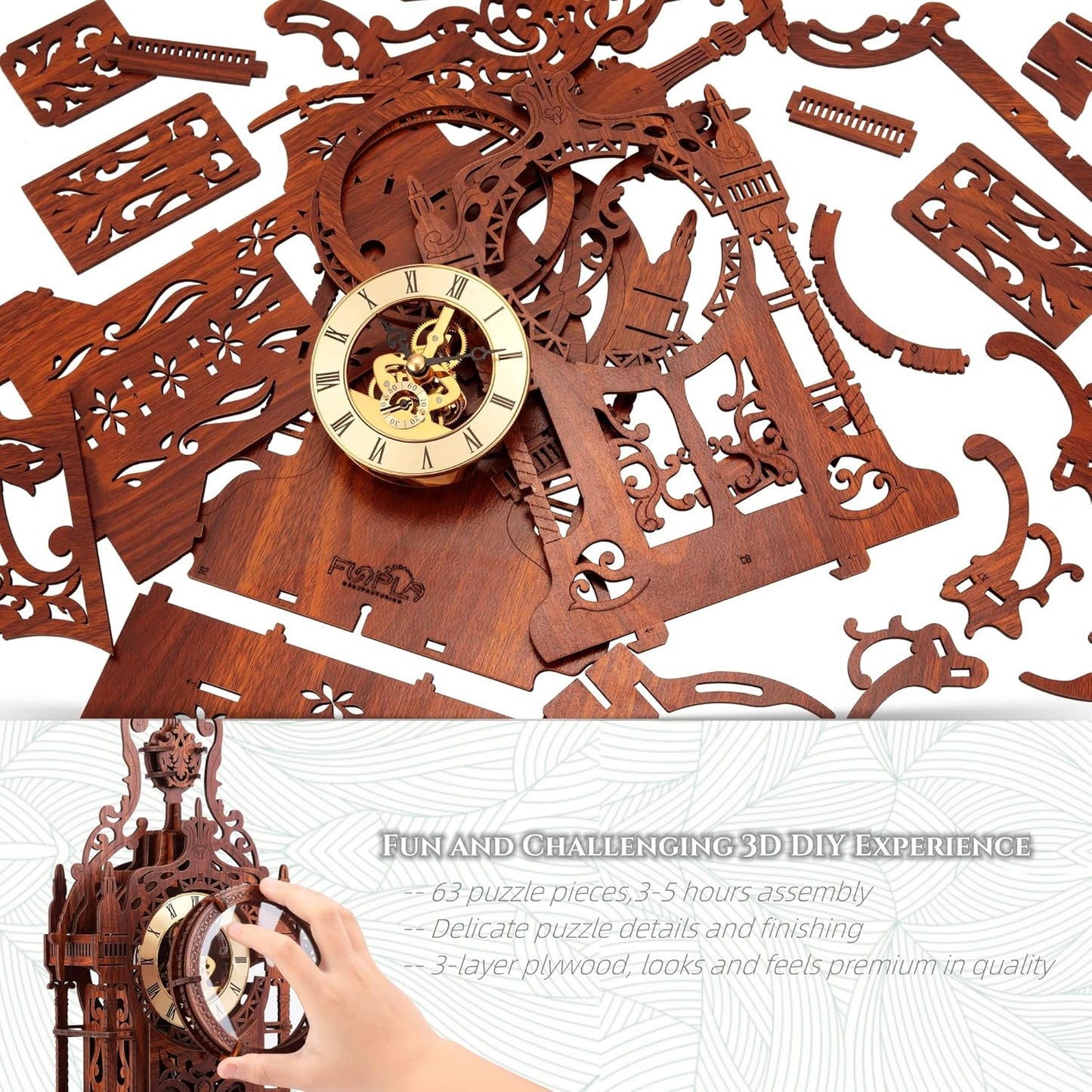 LED 3D Wood Puzzle Clock Tower, 3D Building Model, DIY 3D Clock Kit (LED-WTC02)