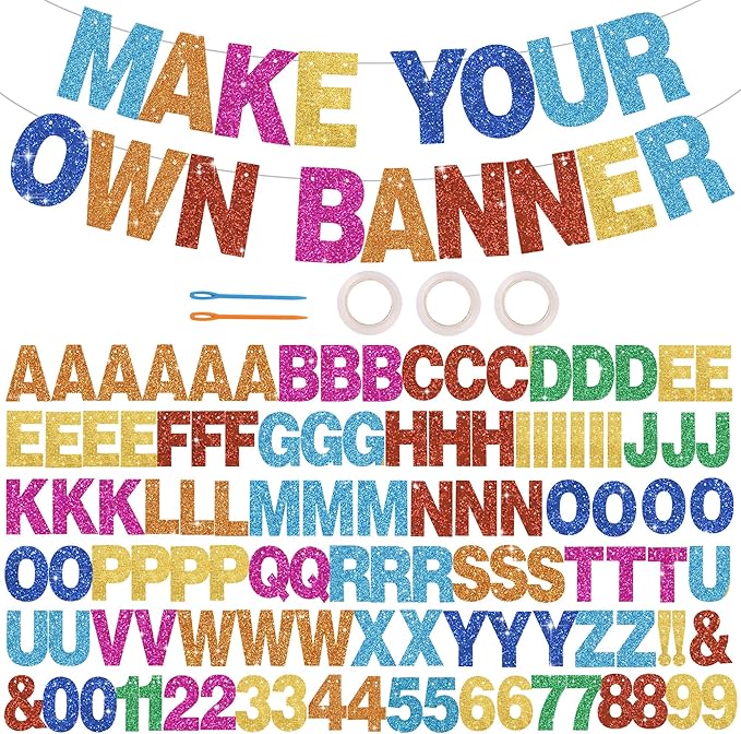 BEISHIDA 116 PCS A-Z Glitter Colorful DIY Letter Banner Kit Make Your Own Banner，Including 111 Letters and Numbers 3 Rope and 2 Threading Device,Customized for Birthday Graduation Wedding Party Decor