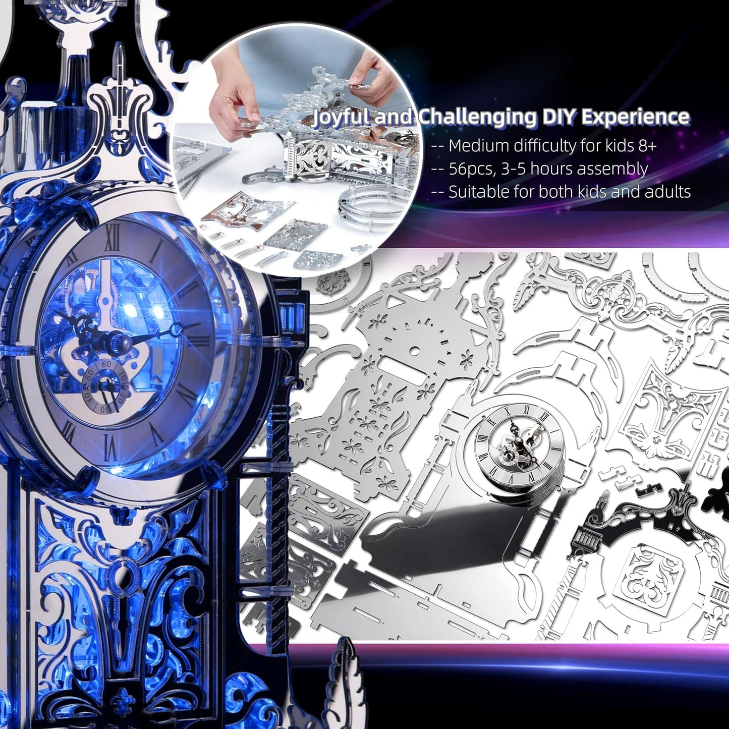 LED 3D Puzzle Tower Clock for Adults - Elegant Home Décor Building Model with Color-Changing LEDs - Ideal Acrylic Puzzle Gifts for Teens and Adults