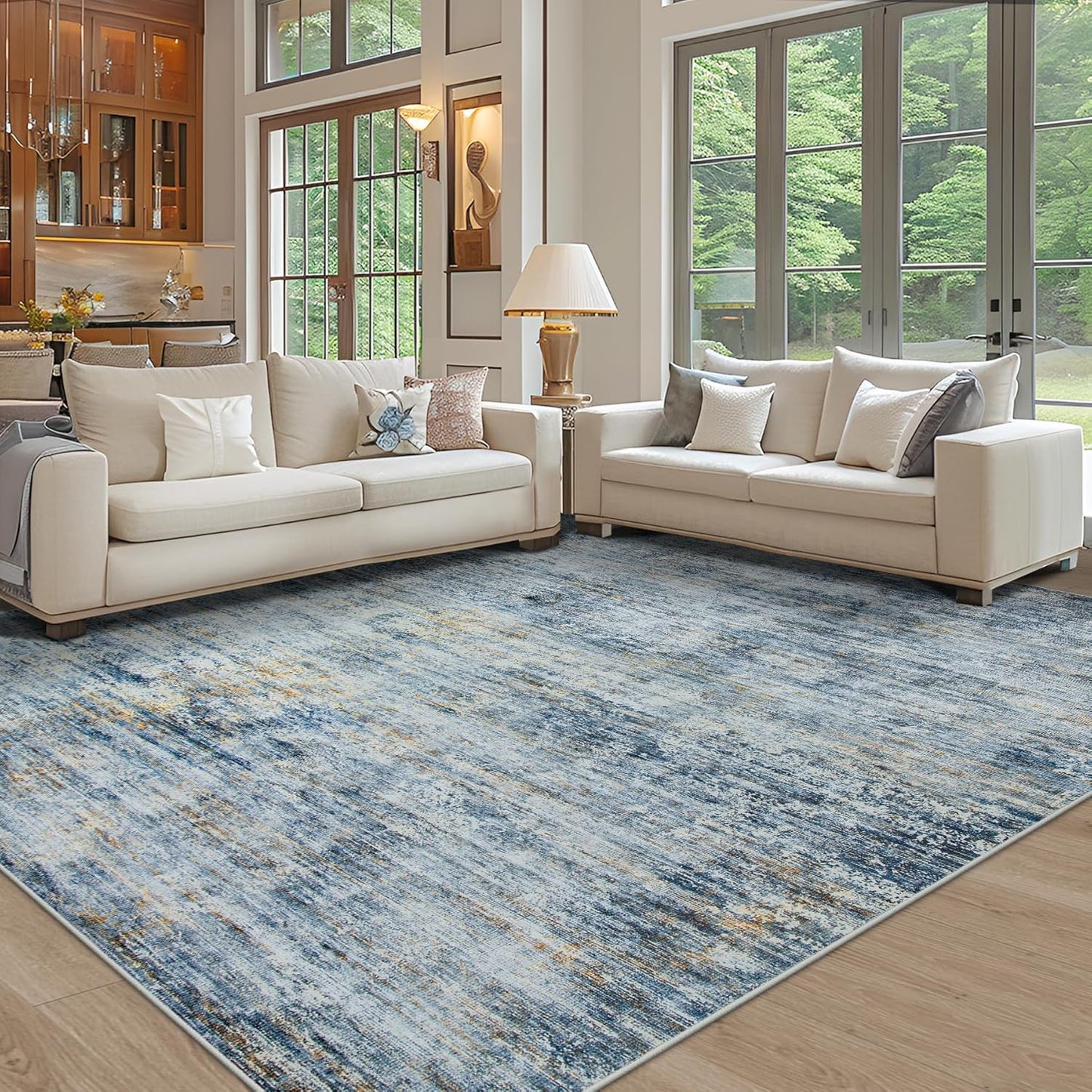 Area Rug 9x12 Washable Rugs: Abstract Large Living Room Rugs with Non-Slip Backing, Thin Carpet for Dining Room Table Bedroom Nursery Indoor Home Office-Blue Brown