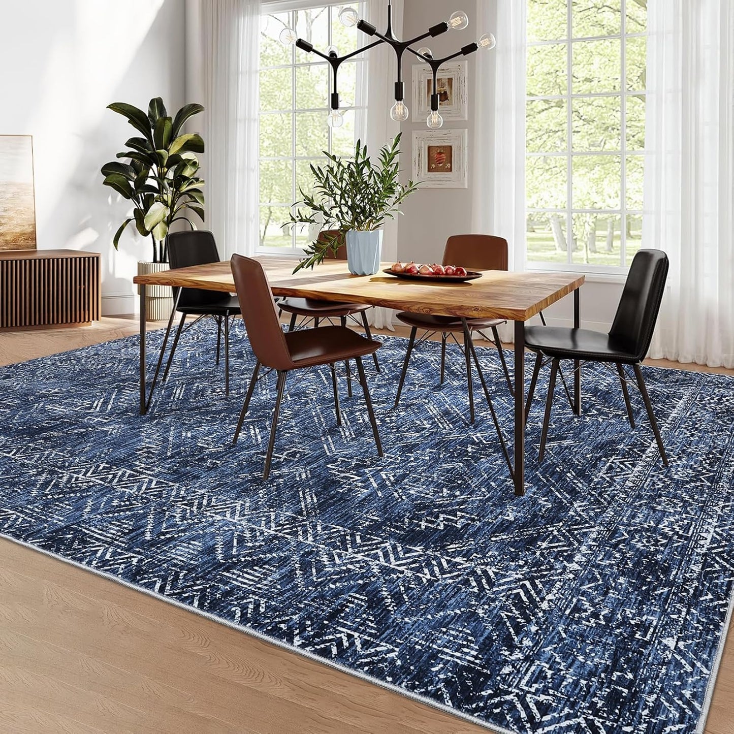COZYLOOM Living Room Rug 9x12 Machine Washable Area Rugs Modern Abstract Floor Cover Non Slip Low Pile Geometric Mats Stain Resistant Foldable Carpet for Dining Room Bedroom, Blue