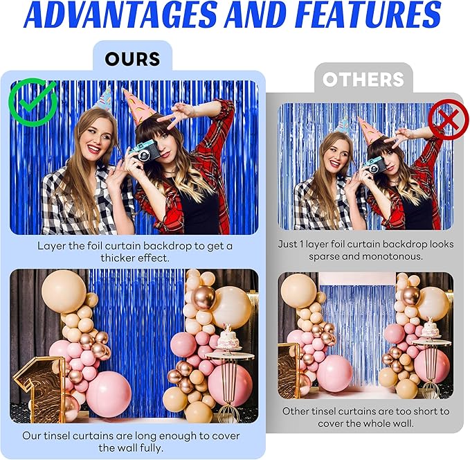 BTSD-home Blue Foil Fringe Curtain, Metallic Photo Booth Backdrop Tinsel Door Curtains for Wedding Birthday Bridal Shower Baby Shower Bachelorette Christmas Party Decorations(4 Pack, 8ft x 3ft)