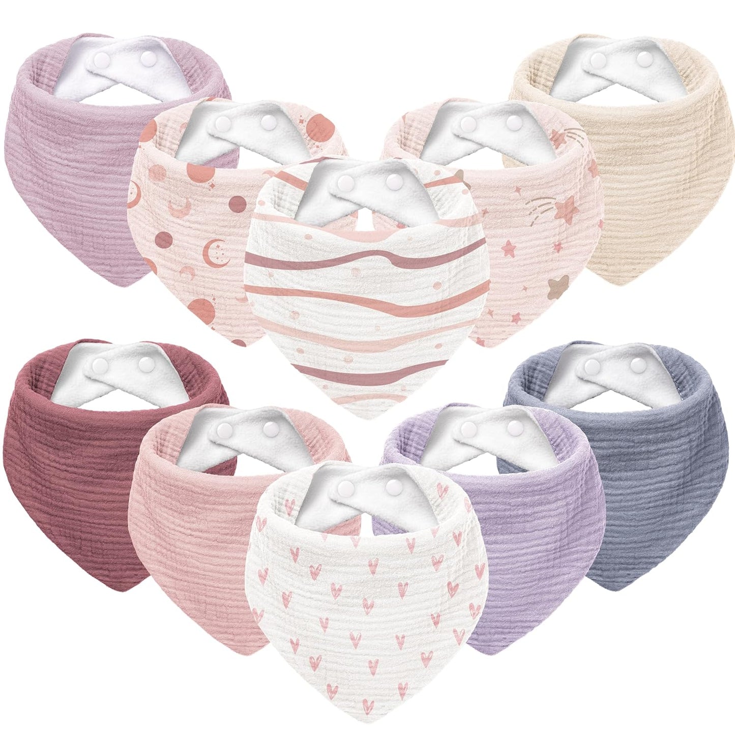 Susurration Muslin Baby Bibs 10Pack Bandana Drool Bibs Soft Adjustable Newborn for Unisex Girls & Boys (Pink Stars)