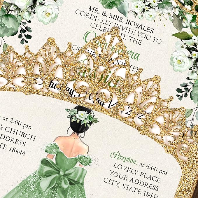 50Pcs Sage Green Crown Quinceanera Invitation for 15 year, Sweet 16, Miss XV, Birthday Laser Cut Quince Invitation Cards Personalized Glitter Gold