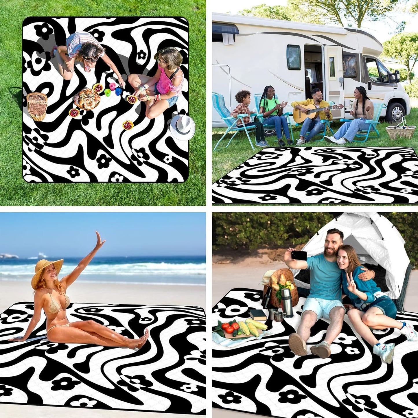 Picnic Blankets Waterproof Foldable, Extra Large 79"x79" Beach Blanket Waterproof Sandproof, 3-Layer Polyester Portable Outdoor Picnic Mat Essentials for Park, Camping Travel, Grass Lawn-Spiral Design