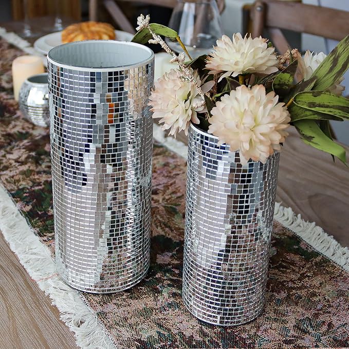 WDHODEC Disco Vase for Flowers 2 PCS Glass Mirror Vases for Living Room, Dining Room Centerpieces, Wedding Office Decorative Display Fresh Flowers, Candles, Or Seasonal Decorations