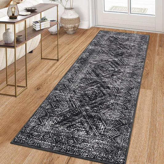 COZYLOOM Rug Runners 2x8 Washable for Hallway Vintage Non Slip Area Rug Geometric Soft Throw Rugs Low Pile Stain Resistant Carpet for Office Dining Room Living Room, Black