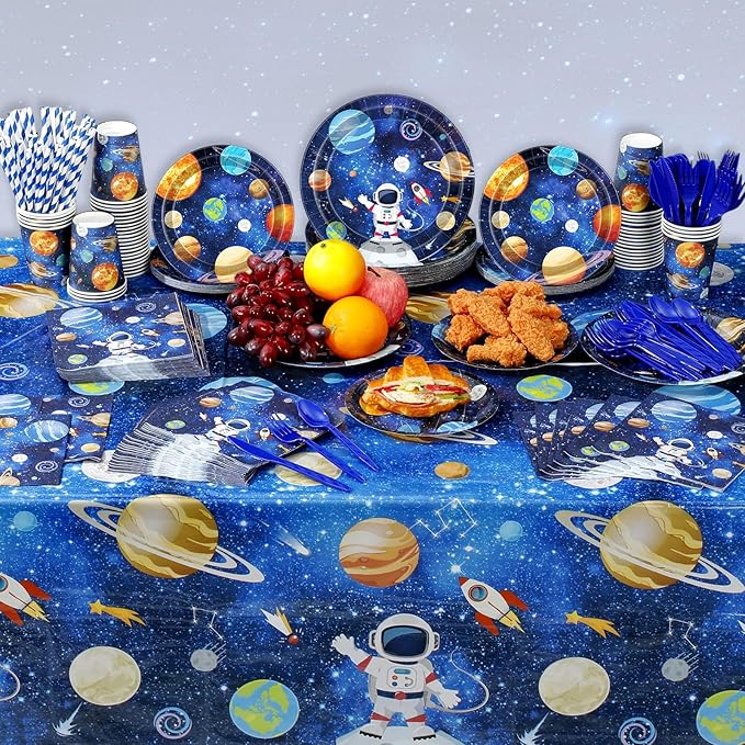 452 Pcs Space Birthday Party Decorations for 50, Solar System Paper Plates Napkins Cups Tablecloth Cutlery Straws Astronaut Tableware Set for Birthday Baby Shower Party Supplies