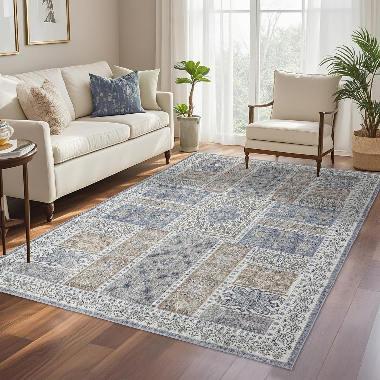 5x8 Area Rug Washable: Oriental Soft Area Rug for Living Room Bedroom No Shedding - Low Pile Thin Carpet Rug for Dining Room Non Slip - Boho Vintage Rug for Home Decor - Blue Grey