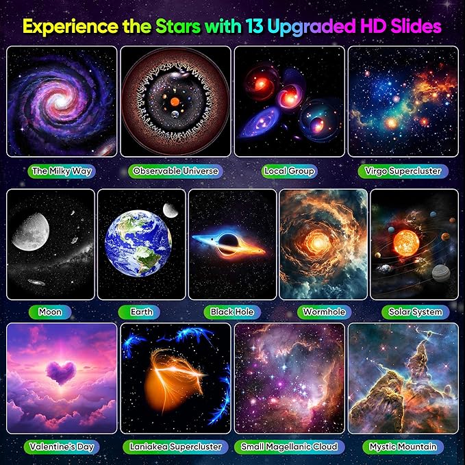 Upgraded Galaxy Projector for Bedroom, 13 in 1 HD Star Projector Light Projector, 360° Rotating Planetarium Projector with Timer and Simple 4 Button Control for Kids, Ceiling, Gifts, Room Decor