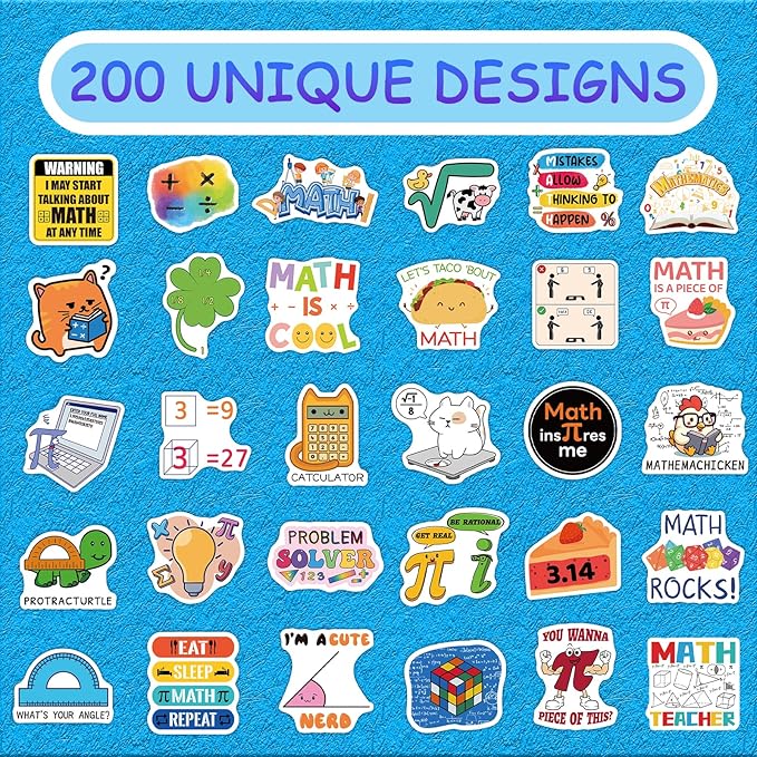 200 PCS Math Stickers for Kids Teens Students, Math Vinyl Stickers for Water Bottle Notebook Journal Laptop Classroom Decor Math Party Favors Teacher Must Haves