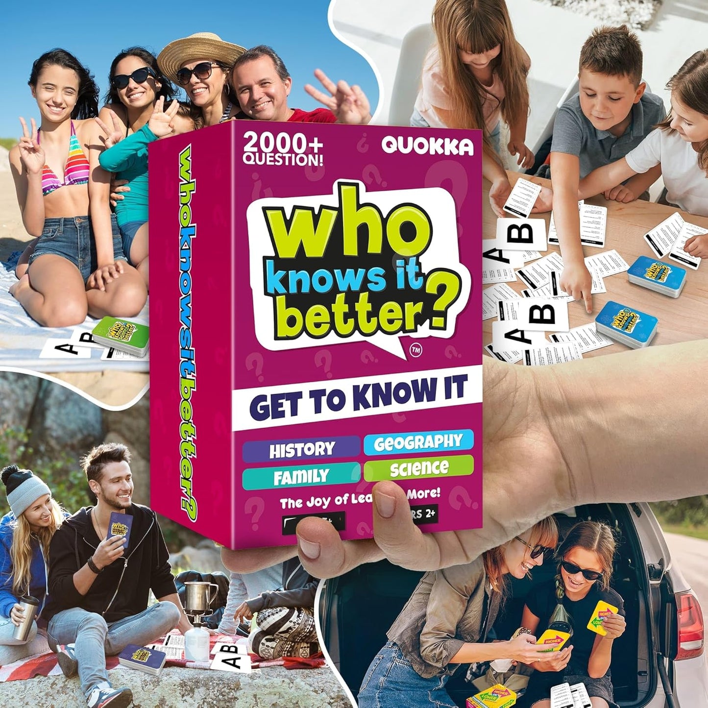 QUOKKA Who Knows Better? - Set 4 in 1 - Family Card Trivia Game | Fun Learning & Educational Questions for Families | Suitable for Boys & Girls