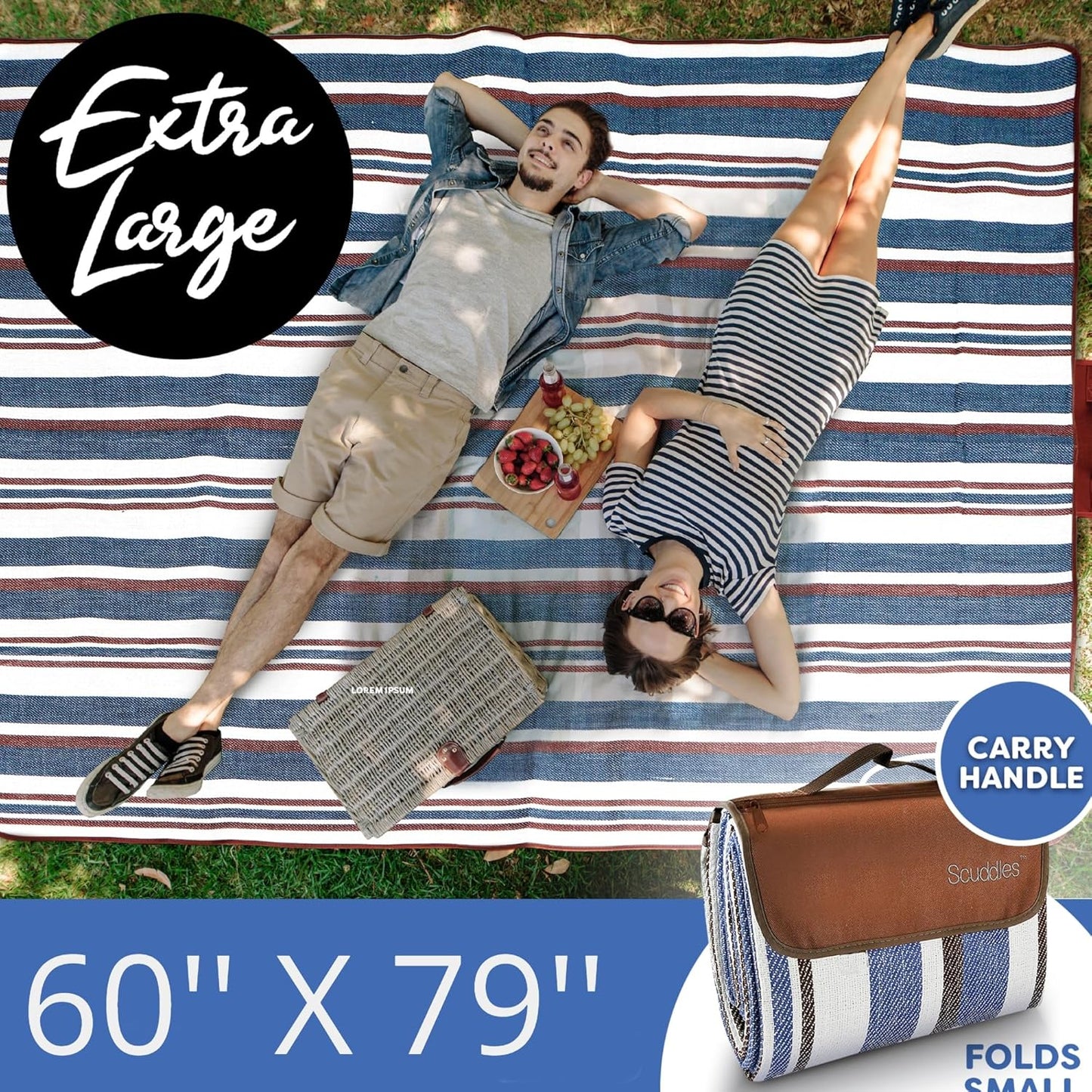 scuddles 60" x 80" Extra Large Outdoor Picnic Blanket – Waterproof, Foldable Travel Mat for Beach, Camping, Grass, Lawn, Park – Dual Layer, Sand-Free, Soft Throw Rug Fits 4 Adults, Summer Accessories