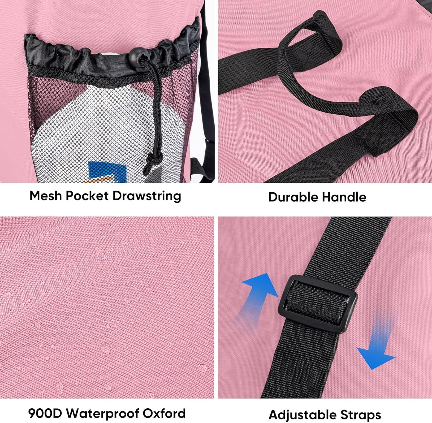 BALEINE 120L Laundry Bag Backpack, 900D Oxford Fabric Large Travel Laundry Bags with Shoulder Straps and 2 Mesh Pockets for College Dorm, Apartment, Laundromat (Pink, 120L)