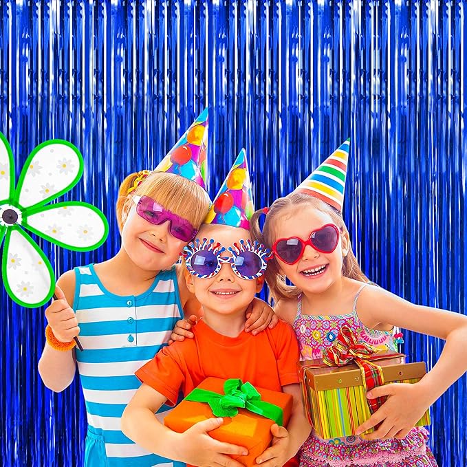 BTSD-home Blue Foil Fringe Curtain, Metallic Photo Booth Backdrop Tinsel Door Curtains for Wedding Birthday Bridal Shower Baby Shower Bachelorette Christmas Party Decorations(4 Pack, 8ft x 3ft)