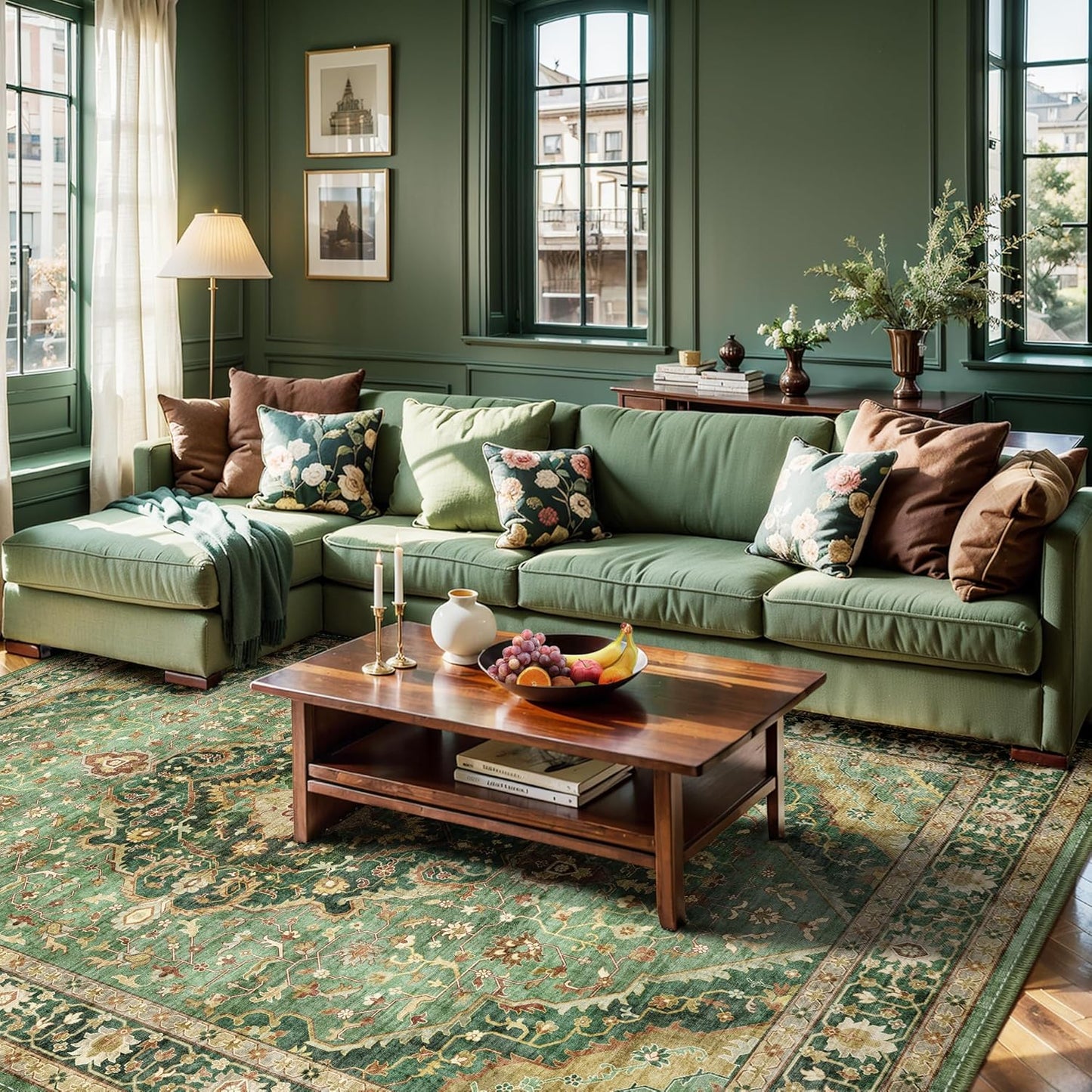 Green Rugs for Living Room - Boho 4x6 Area Rug Ultra Soft Vintage Rugs for Bedroom Playroom Decor, Low Pile Non-Slip Backing Throw Rugs Washable (Border Green