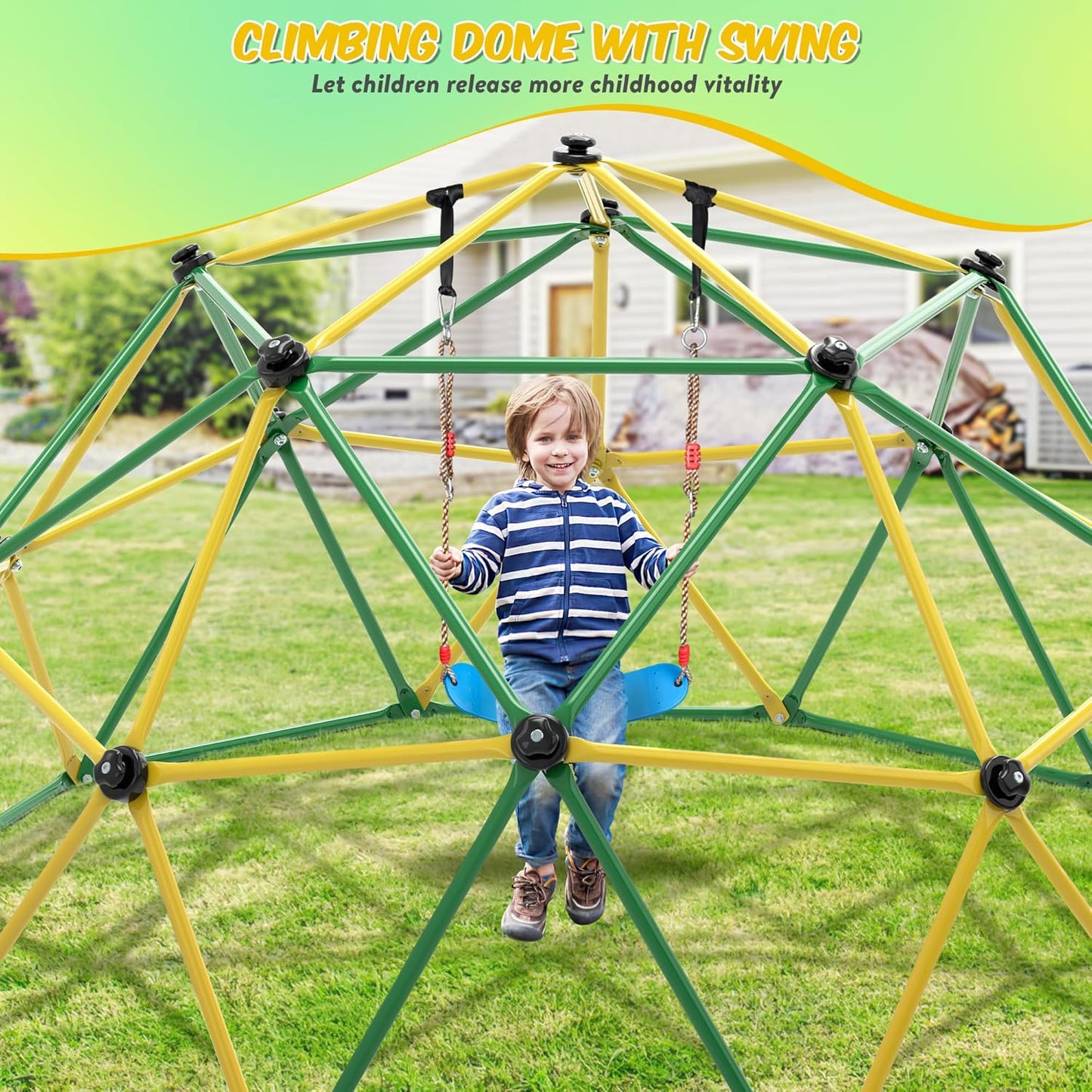 Climbing Dome, 10FT Dome Climber with Hammock & Swing for Kids 3-10, Kids Outdoor Jungle Gym Supports 1000lbs, Easy Assembly Playground Jungle Gym Backyard Play Equipment, Yellow+Green
