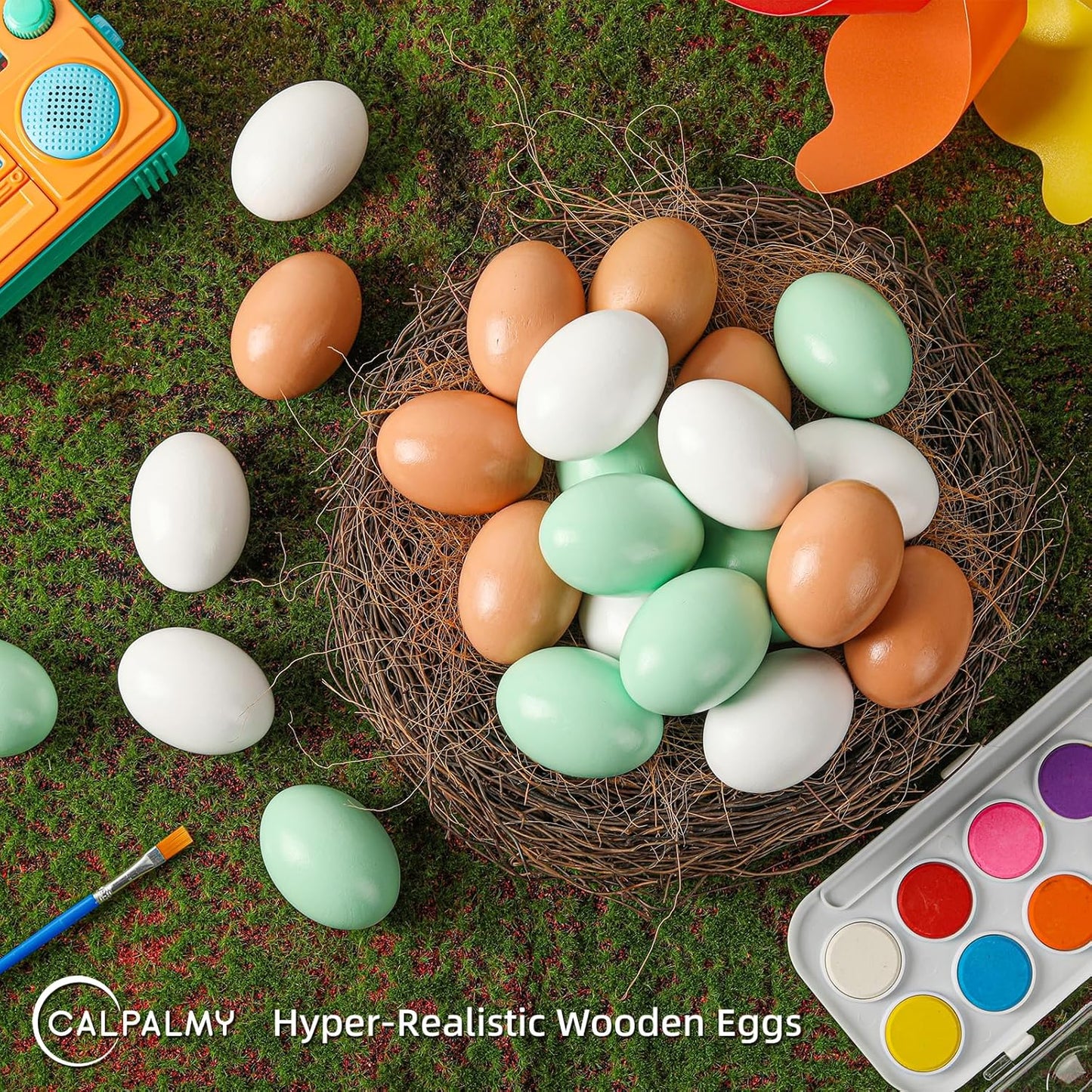 CALPALMY (24 Pieces) Hyper-Realistic Wooden Eggs - 3 Colors Wooden Fake Eggs for Easter, Painting, Decorating, Crafting, Fake Food, and Nest Box Training (8pcs Brown, 8pcs White, 8pcs Green)