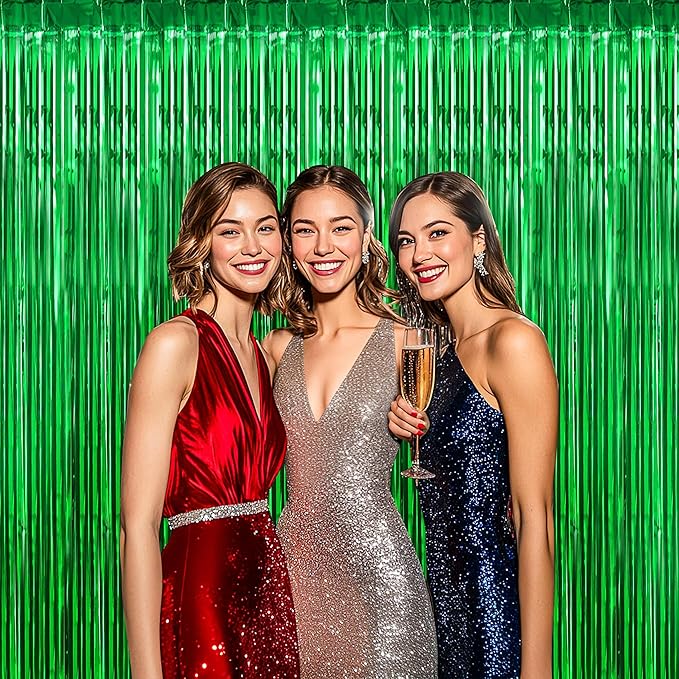 BTSD-home Green Foil Fringe Curtain, Metallic Photo Booth Backdrop Tinsel Door Curtains for St Patricks Day Birthday Bridal Baby Shower Bachelorette Christmas Party Decorations(4 Pack, 8ft x 3ft)