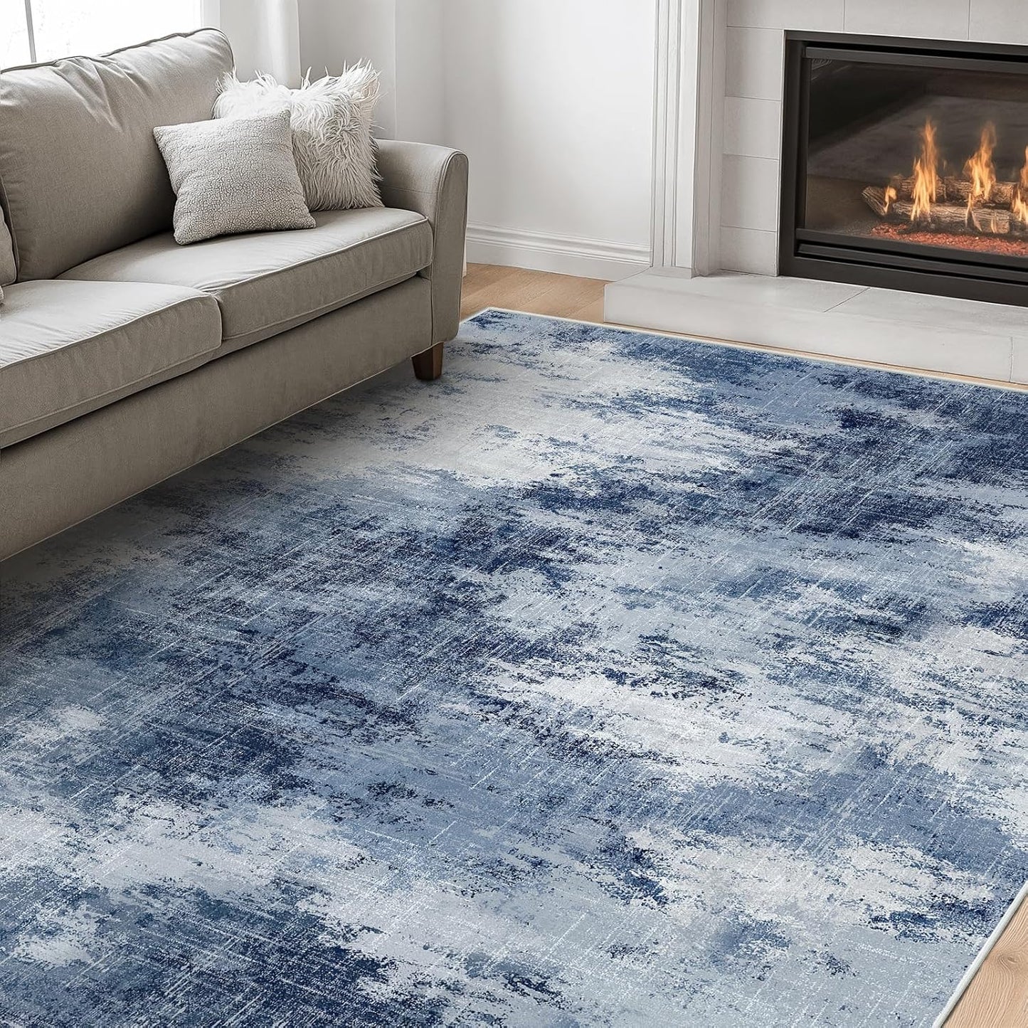 Amada 6x9 Washable Area Rug, Modern Abstract Living Room Rug with Non-Slip Backing & Short Pile, Large Rug with Abstract Pattern for Living Room, Bedroom and Dinning Room, Dark Blue