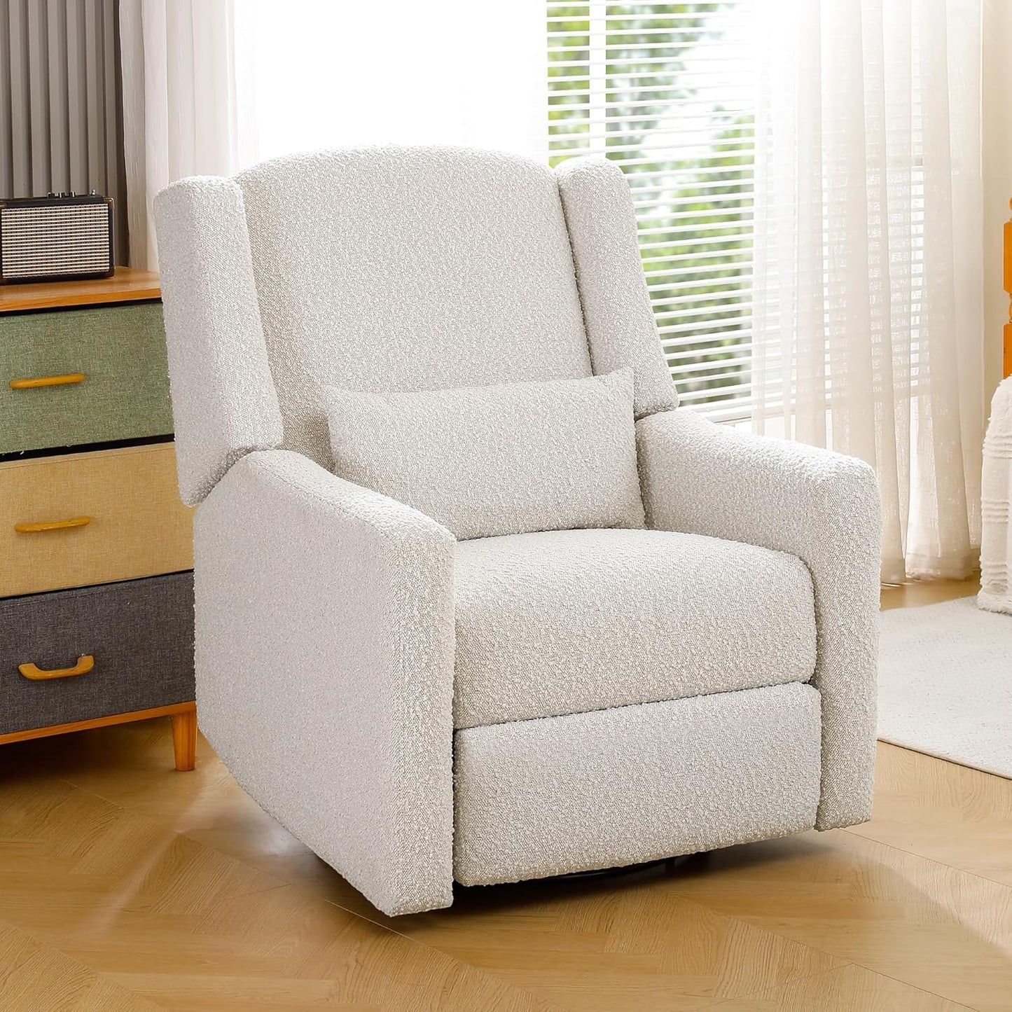 Power Recliner Chair Swivel Gilder Rocking Chairs Skin-Friendly Power Recliner Nursery Chair for Adults with Waist Pillow, USB Charging, Ottoman (Beige, Only Recliner Chair)