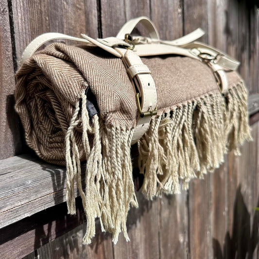 Picnic Blanket Extra Large Waterproof with Strap 59"x79" - Machine Washable Tassels Faux Wool Cashmere for Park, Grass, Camping, Hiking, Concerts (Deep Tan with white shoulder strap, 59"X79")