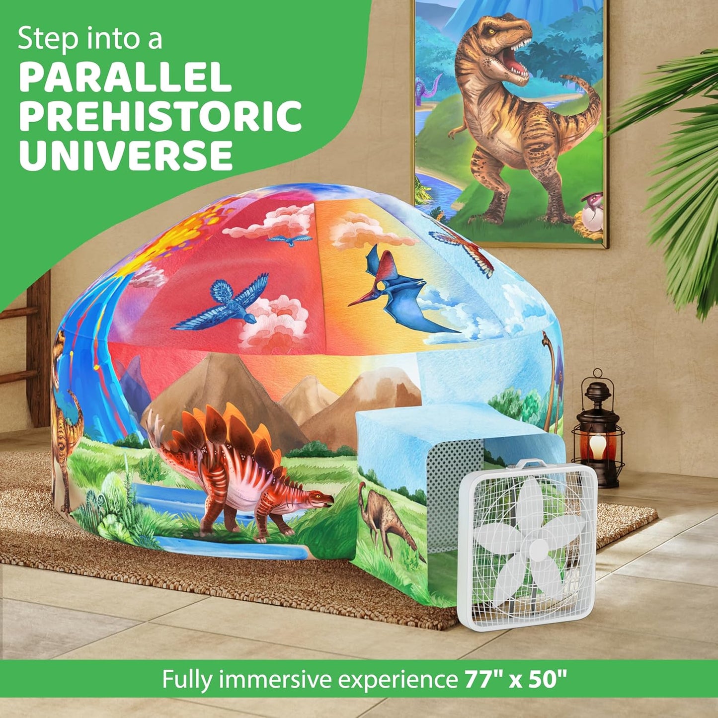 W&O Dino Aerodome with LED Lights - Inflatable Jurassic Fort for Kids Aged 3-12, Inflates in Seconds Creating an Immersive Dinosaur Experience (Fan Not Included)