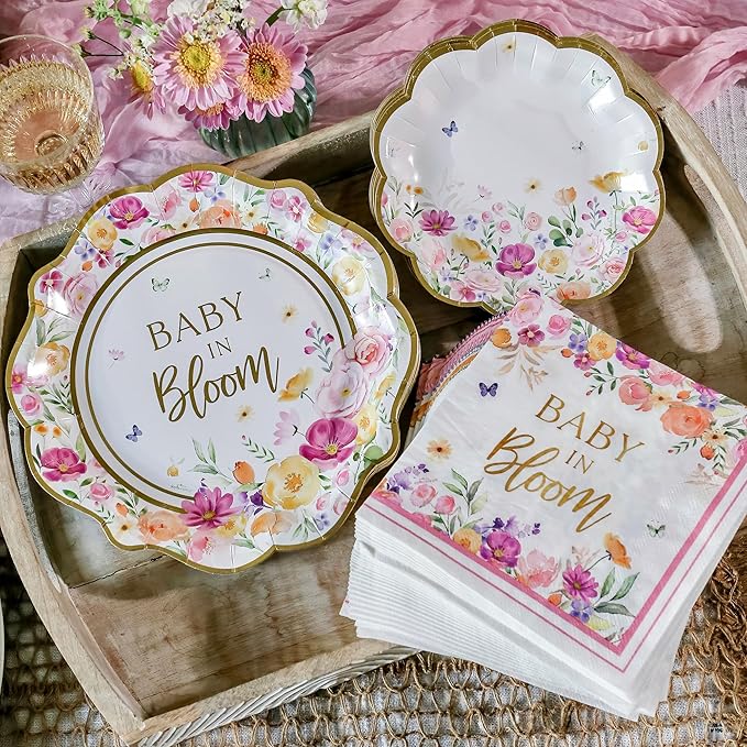 Kate Aspen Baby in Bloom 62 Piece Party Tableware Set Baby Shower Party Decorations Plates & Napkins, Vibrant Floral Botanical (16 Guests)- Perfect for Greenery Baby Shower