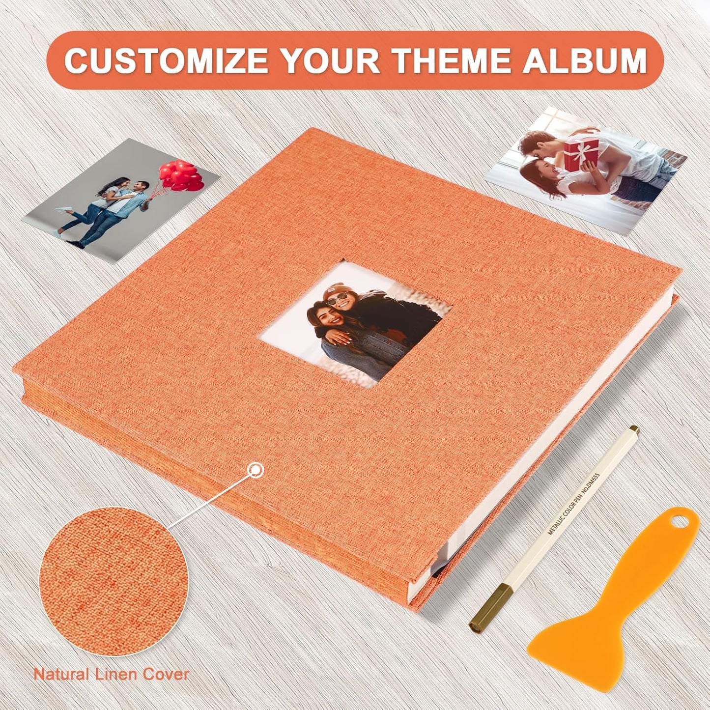 Photo Album Self Adhesive Pages Scrapbook Magnetic Photo Albums for 4x6 5x7 8x10 Pictures Sticky Pages Books for Baby Family Wedding 11x10.6 Orange 40 Pages