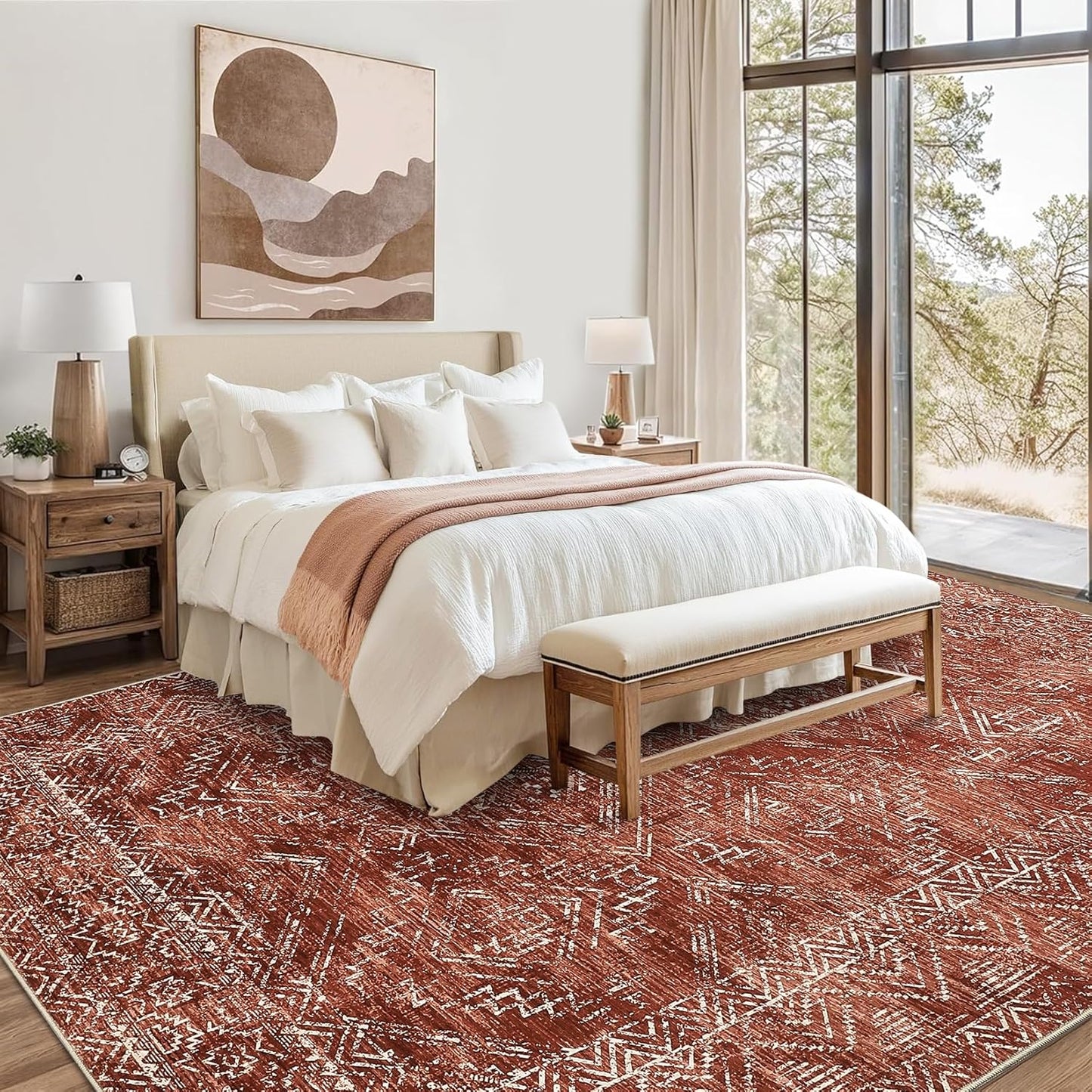 COZYLOOM 8x10 Rug Modern Indoor Area Rug Machine-Washable for Living Room or Bedroom Softness Foldable Mat for Easy Storage Geometric Design Non Slip Rug Low Pile Stain Resistant Carpet, Brick Red