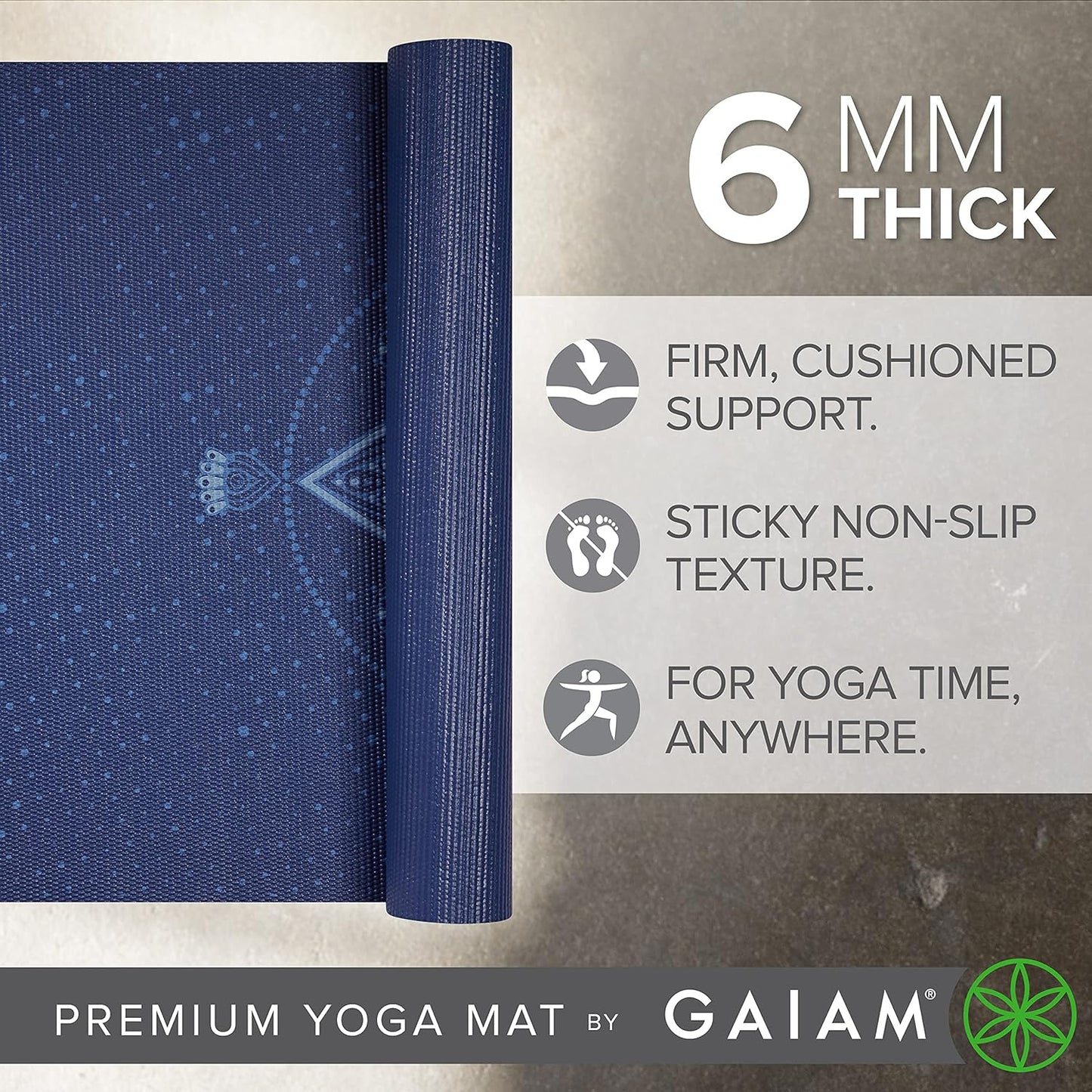 Gaiam Yoga Mat - Premium 6mm Print Extra Thick Non Slip Exercise & Fitness Mat for All Types of Yoga, Pilates & Floor Workouts (68"L x 24"W x 6mm Thick)