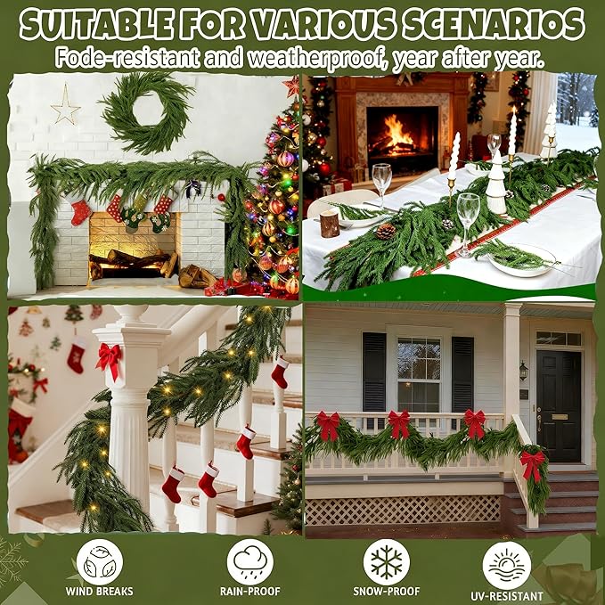 9FT Artificial Norfolk Pine Garlands for Christmas Decorations,Real Touch Winter Faux Greenery Garlands for Mantel Table Stair Fireplace Wall Holiday Indoor Outdoor Decor(1 Pack)