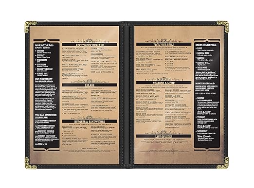 Goodsmart Restaurant Menu Covers – 25 Pack Black 4-View, Side-Loading Menu Holders, Vinyl & Plastic Café Menu Covers, Clear Menu Sleeves, Fits 5.5" x 8.5", Leather-Style Design, Gold Corners