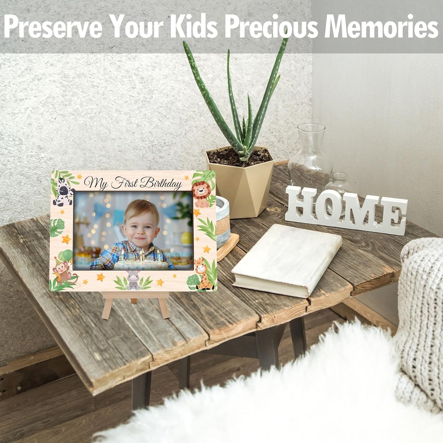 My 1st Birthday Picture Frames, Jungle Animal Wooden 4x6 Photo Frame with Easel, Baby First Year Birthday Gifts for Home Office Tabletop Display Decorations - G04