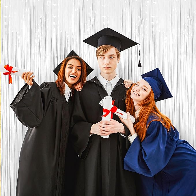 BTSD-home 4 Pack 3x 8ft White Foil Fringe Curtain Backdrop Party Streamers Decorations Metallic Photo Booth Tinsel Theme Bachelorette Graduation Wedding Birthday Bridal Shower Christmas Decor Supplies