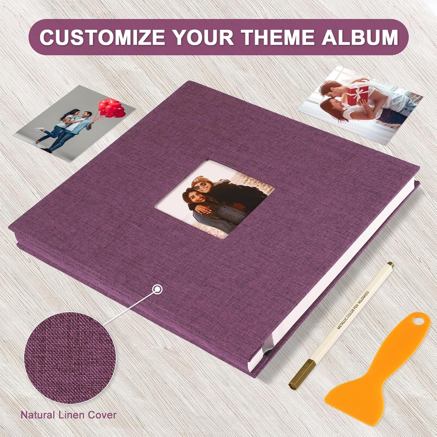 Photo Album Self Adhesive Pages Scrapbook Magnetic Photo Albums for 4x6 5x7 8x10 Pictures Sticky Pages Books for Baby Family Wedding 13.2x12.8 Purple 60 Pages