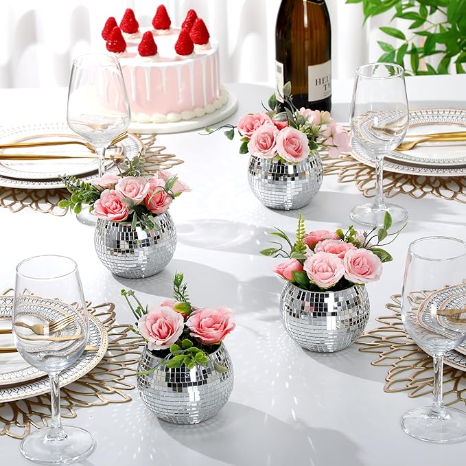 Jinei 12 Pcs Disco Vases Bulk Silver Mirror Disco Ball Flower Glass Ball Planter Candle Holder Glass Vase for Wedding Table Centerpieces Bedroom Office Birthday Decoration (3" X 4")