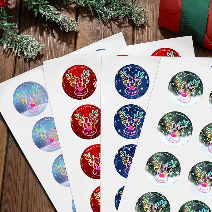 Personalized Christmas Stickers - Custom Name Waterproof Christmas Gift Tags for Gift Box Xmas Holiday Decorations Party Favors - 30 Stickers (Neon Reindeer)