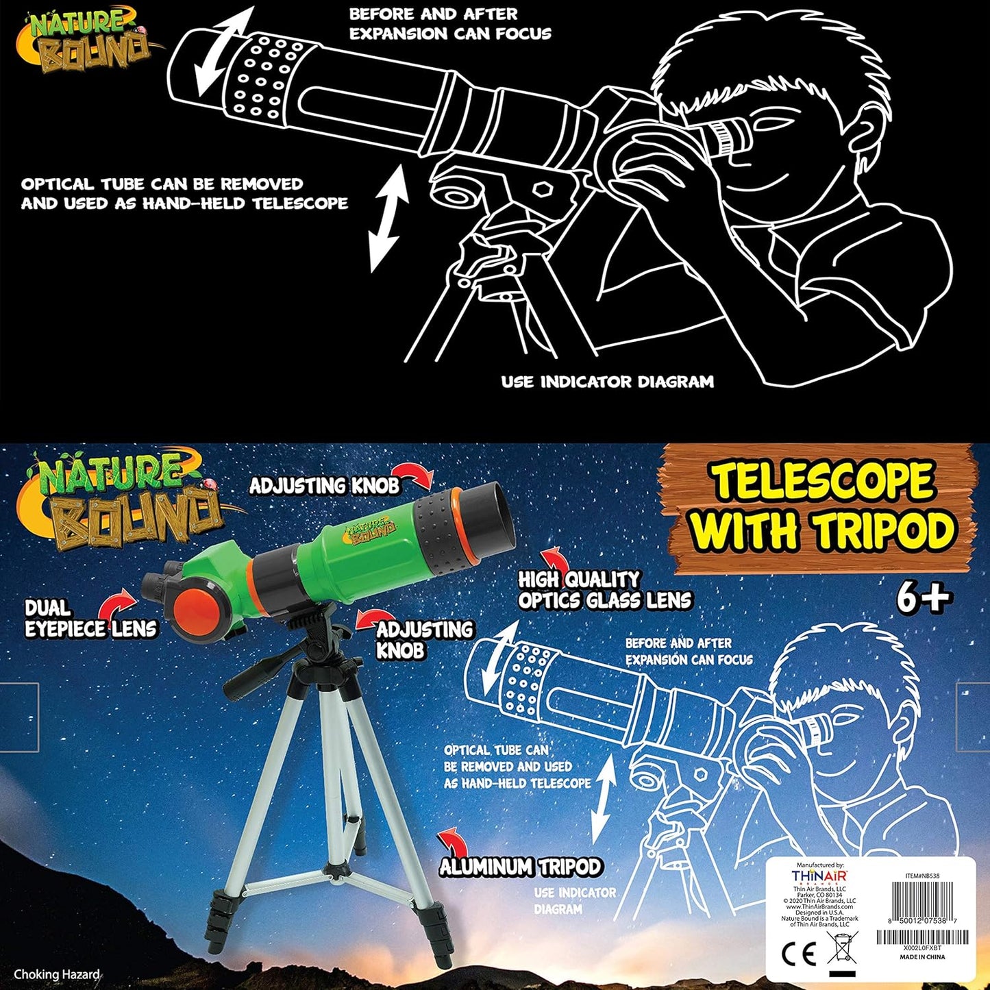Nature Bound Telescope for Kids and Beginners, 16X Magnification and 15mm Lens for Indoor and Outdoor Use - Adjustable Tripod Included - for Kids Ages 6+, Green (NB538)