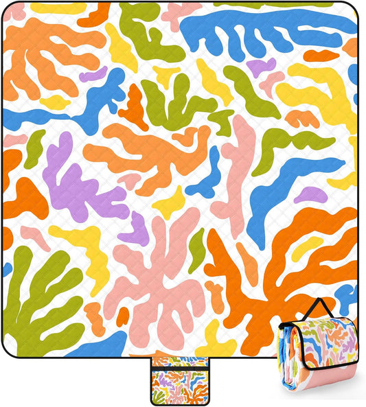 Picnic Blankets Sandproof Waterproof, Extra Large 79''x79'' Foldable & Portable Beach Blanket, 3-Layer Fabric Outdoor Mat for Family Camping, Park, Travel, Grass Lawn, outdoor-Tropical Color Splash
