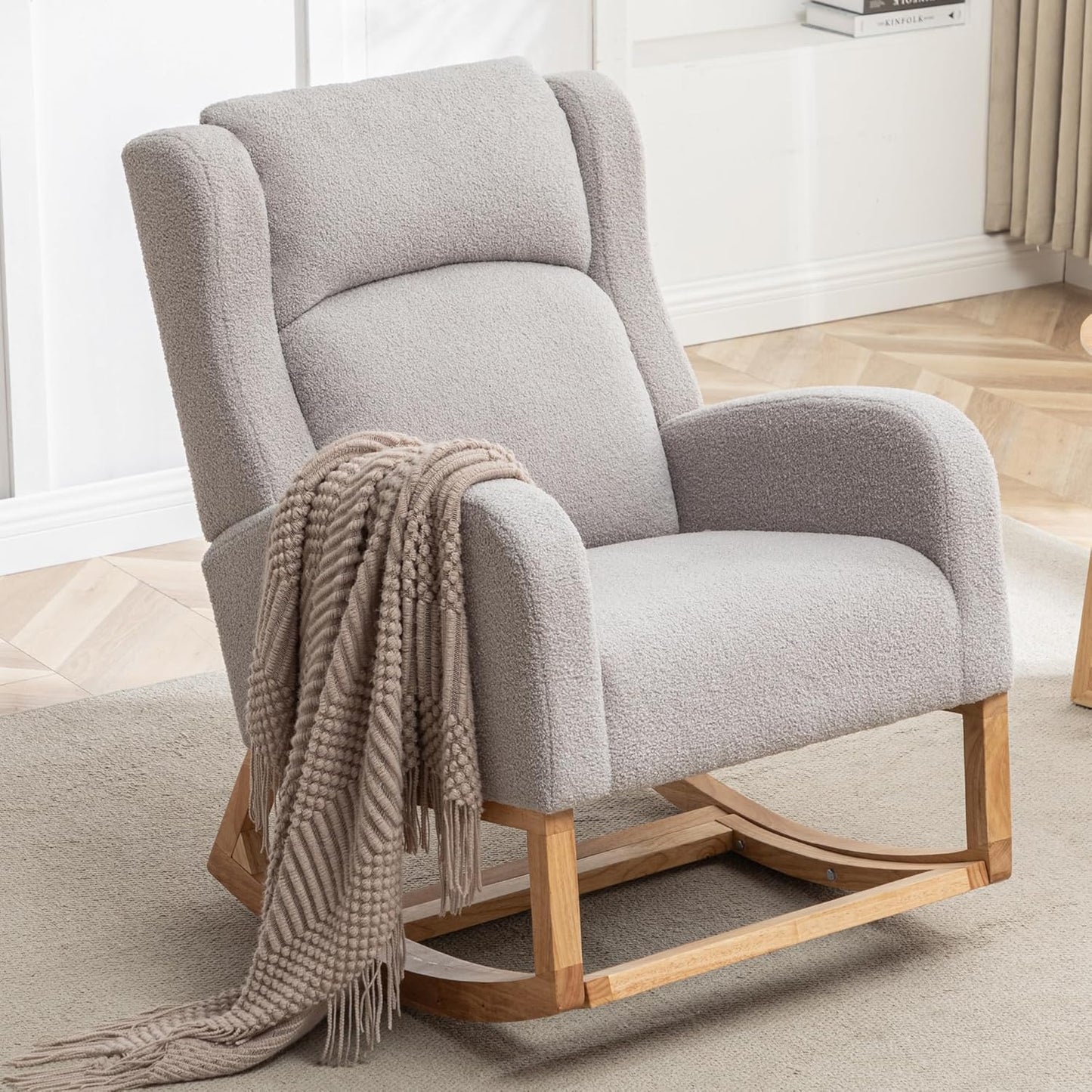 Rocking Chair Nursery, Nursing Rocking Chairs for Mom Nursery, Comfy Wingback Glider Rocking Armchair with Foot Rest and Side Pocket for Nursery Living Room Bedroom, Teddy Grey