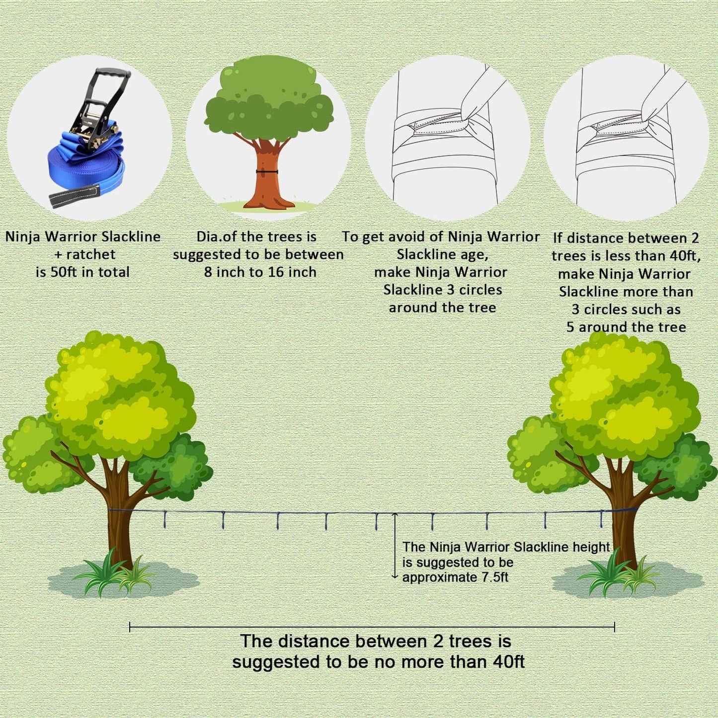 Rainbow Craft Ninja Warrior Obstacle Course for Kids - 50ft Slackline, 12 Removable Buckle Loops, 12 Ninja Attachments, Outdoor Training Equipment