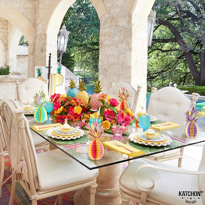 KatchOn Huge Pineapple Centerpiece for Tables - 12 Inch, Pack of 6 | Luau & Hawaiian Party Decorations, Tropical & Beach Decorations