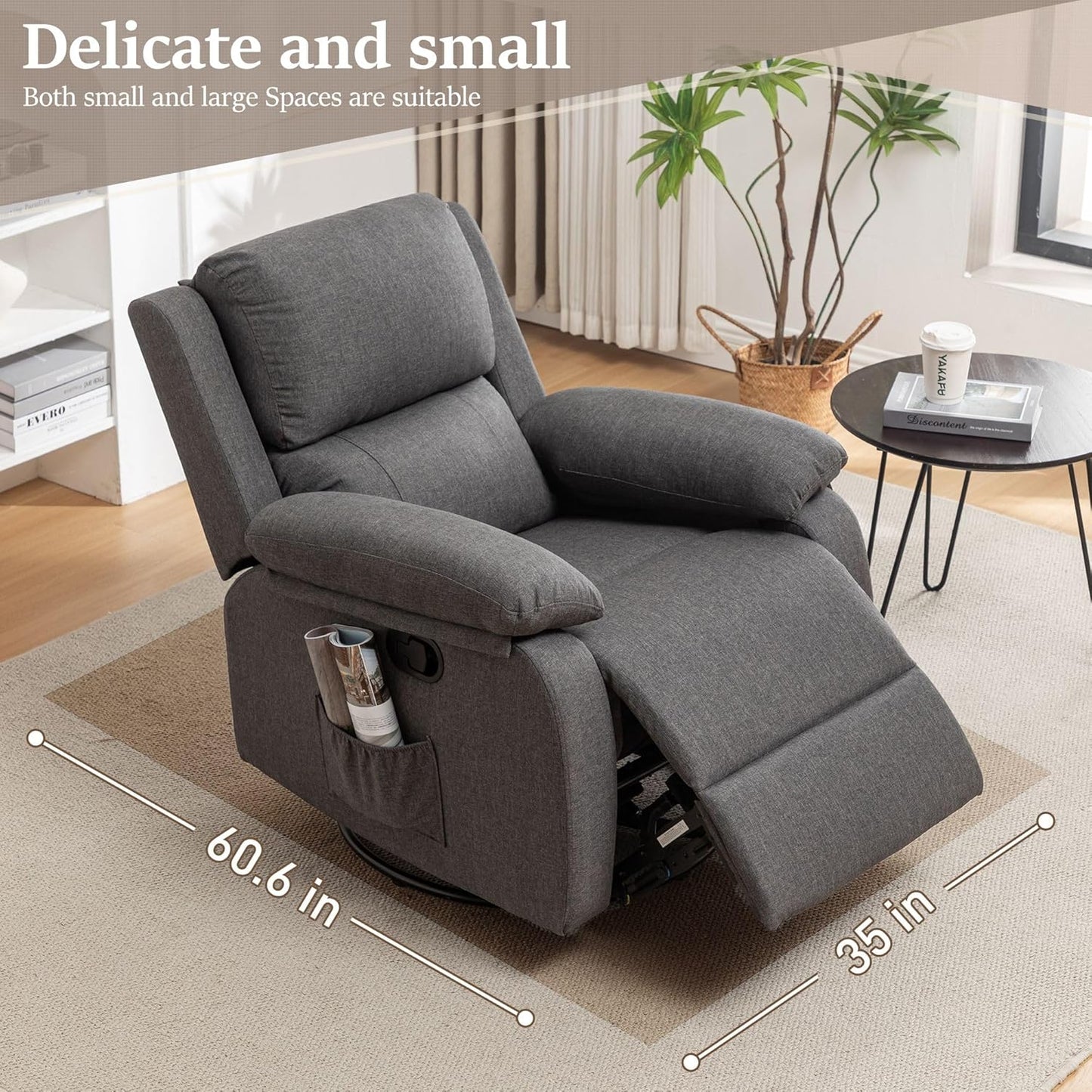 Recliner Chair, 360 Swivel Rocker Chair for Adults, Small Rocking Recliner for Small Spaces, Upholstered Fabric Glider Recliner Nursery Chair with Side Pockets for Living Room, Nursery