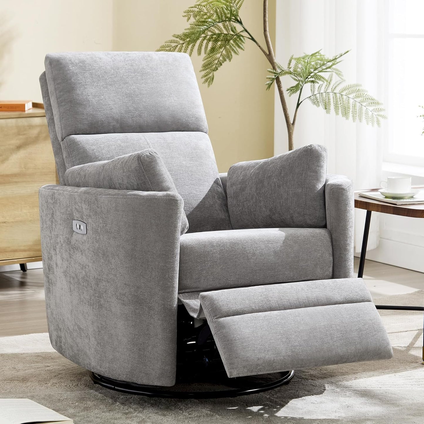 Power Recliner, Upholstered Nursery Adult Swivel Rocking Glider, Electric Recliner Chair with USB Port with 2 Pillows for Living Room Bedroom (LIGHTGREY, Power-Driven)
