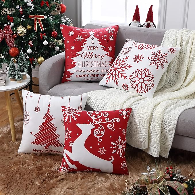 Christmas Pillow Covers 20x20 Set of 4 Farmhouse Christmas Tree Throw Pillow Case Snowflake Reindeer Decoration for Winter Holiday Decor Throw Cushion Case for Home Sofa Couch, Red and White