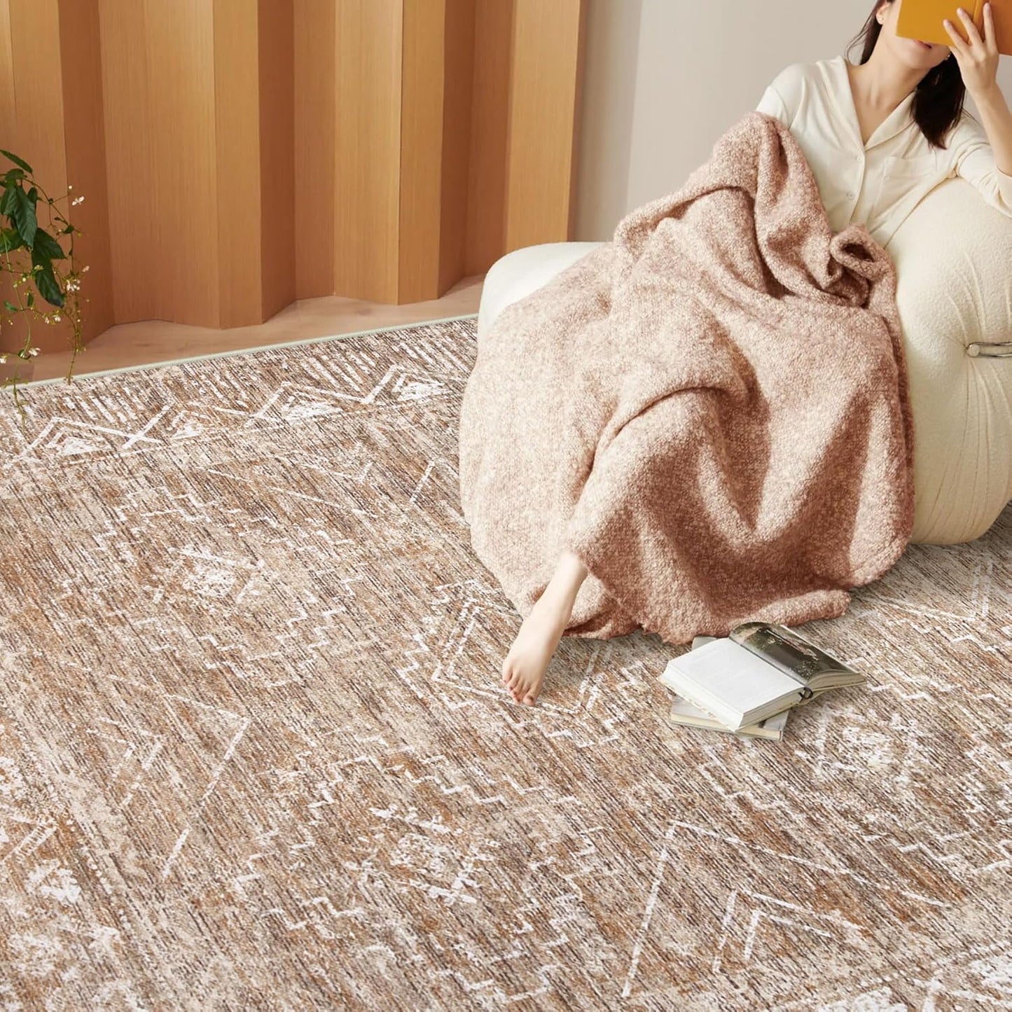 Large Living Room Area Rug 9x12 - Machine Washable Vintage Boho Moroccan Rugs Geometric Neutral Rug Non-Shedding Low Pile Distressed Farmhouse Carpet for Bedroom Nursery Classroom Dorm (9 x 12, Brown)