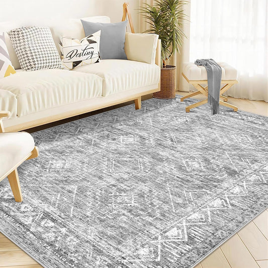 Moroccan Large Area Rug 6x9 - Soft Machine Washable Geometric Boho Distressed Farmhouse Rug Morden Stain Resistant Indoor Floor Carpet for Bedroom Dining Table Nursery Home Office (6 x 9, Grey)