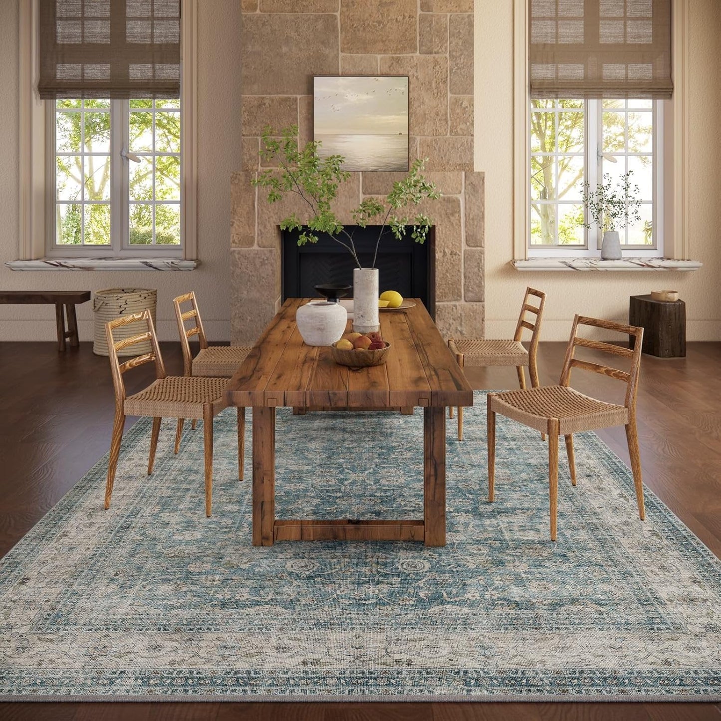 Machine Washable Living Room Rug: 5x7 Area Rugs for Bedroom Vintage Stain Resistant Non Slip Low Pile Lightweight Boho Carpet for Kitchen Dining Room Farmhouse Kids Room Nursery